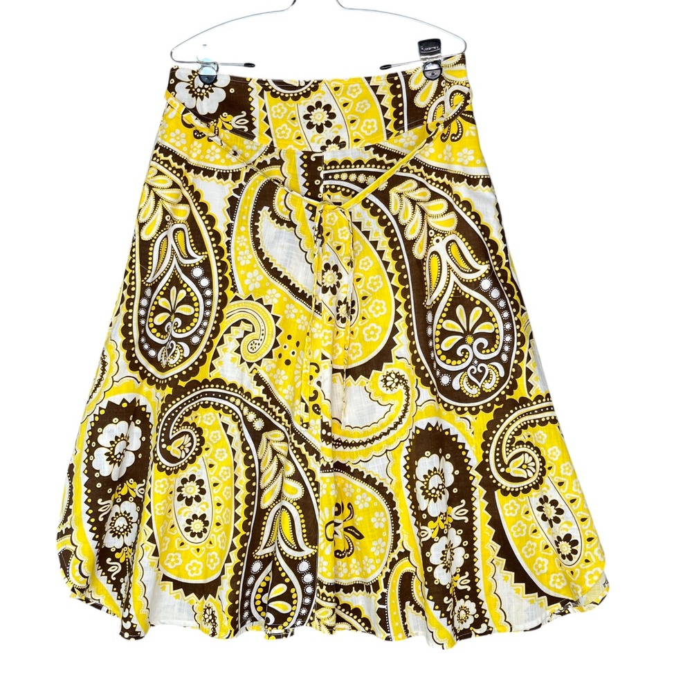 Talbots Yellow Brown Paisley Bandana Cotton Midi Skirt‎ Tie Belt Size 10 Pockets